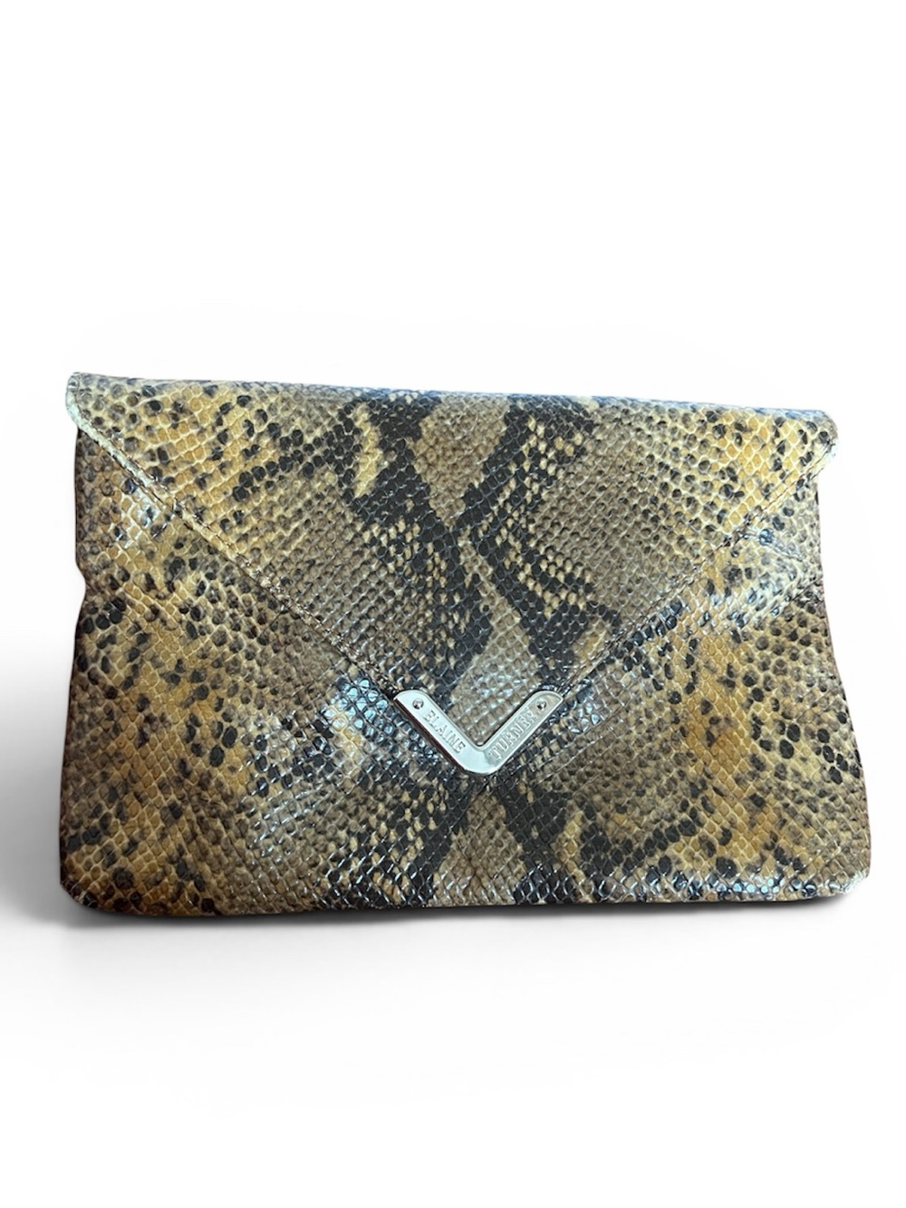 Elaine Turner Python Print Envelope Clutch Vegan Leather Pink Lining + Mirror